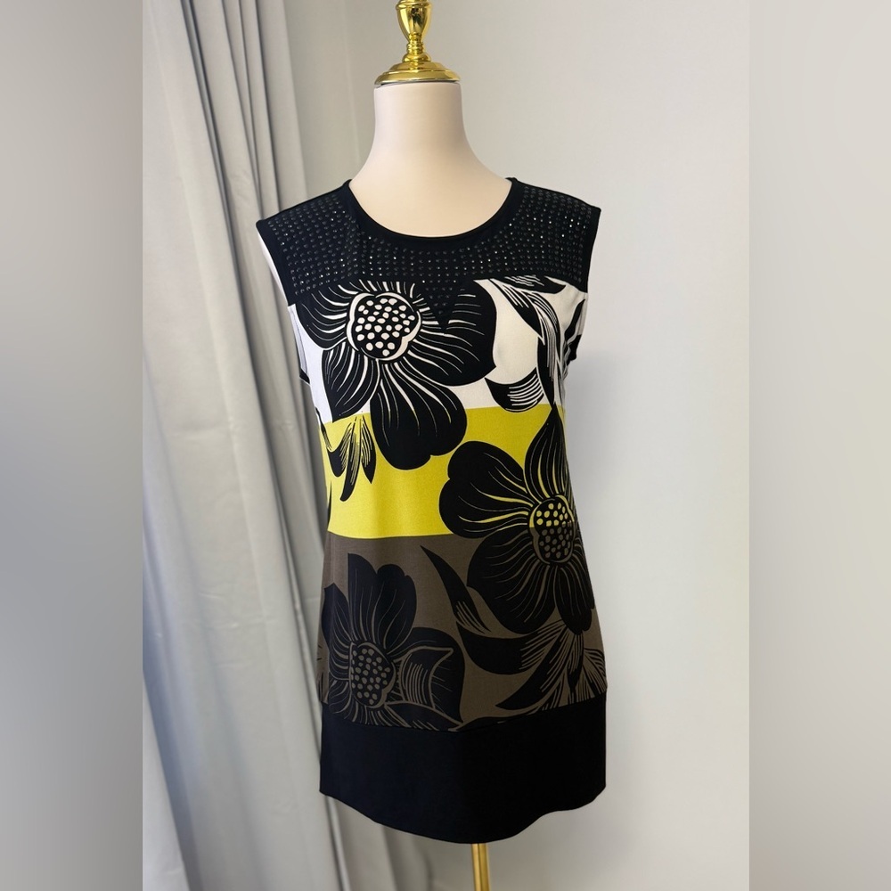 Alfani Floral Sleeveless Top - Black, Yellow, Brown